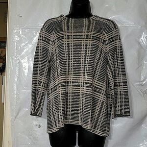 EILEEN FISHER 3/4 SleeveWindowpane Boatneck Sweater Designer S/P Grey Tencel Bld